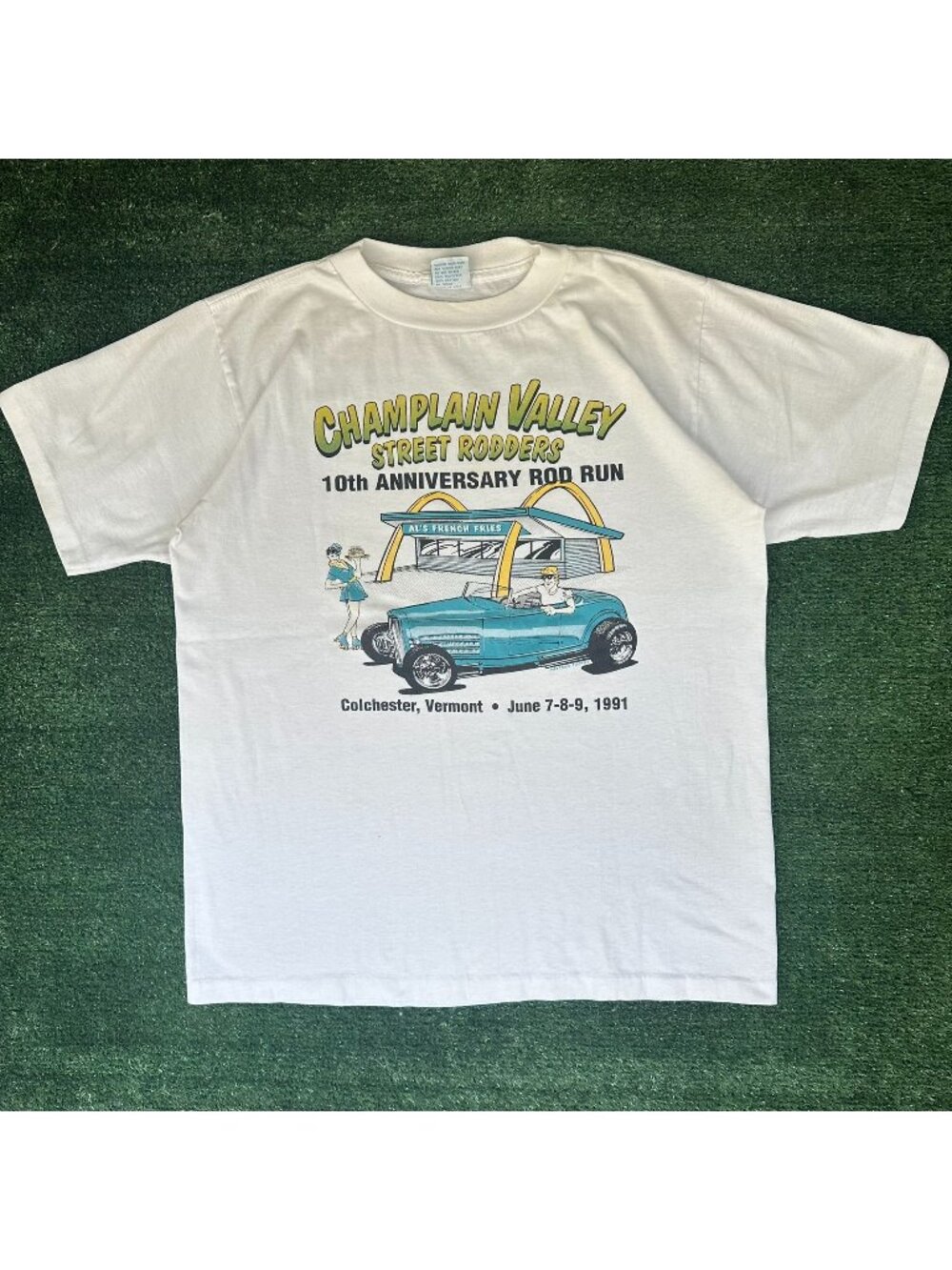 Vintage 90s Champlain Valley Hot Rod Run T-Shirt Single Stitch White Large